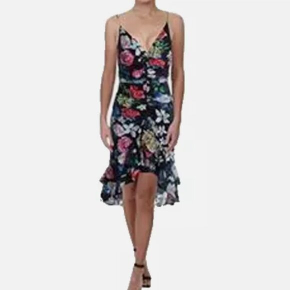 Aidan Mattox Womens Dress Black 6 Floral Cocktail Ruched Ruffle High Low - Picture 1 of 10